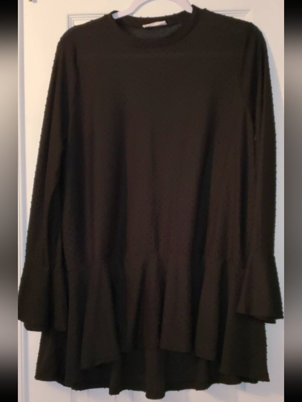 Black Textured Swiss Dot Long Sleeve Ruffle Hem Top